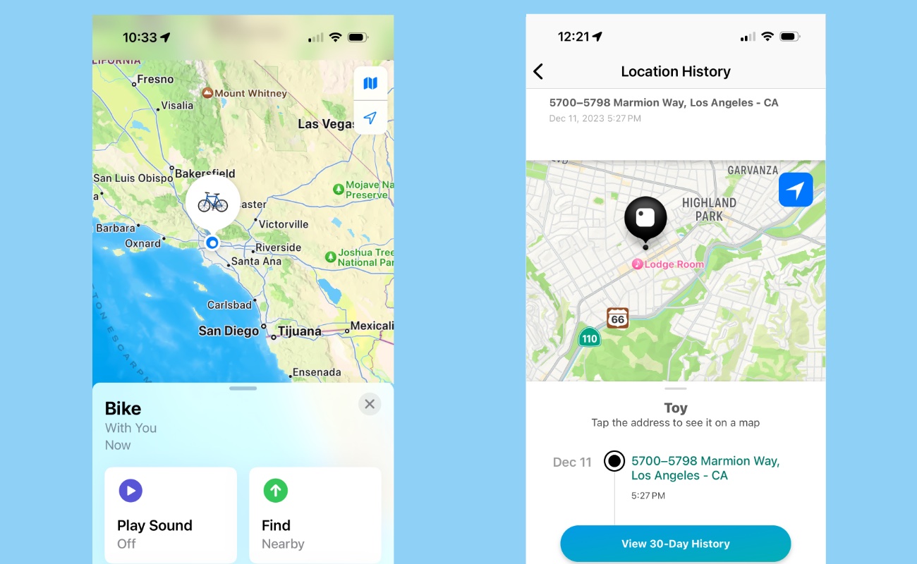 On the left is a screenshot from Apple's Find My app on iPhone, on the right is Tile's app, also on iPhone.