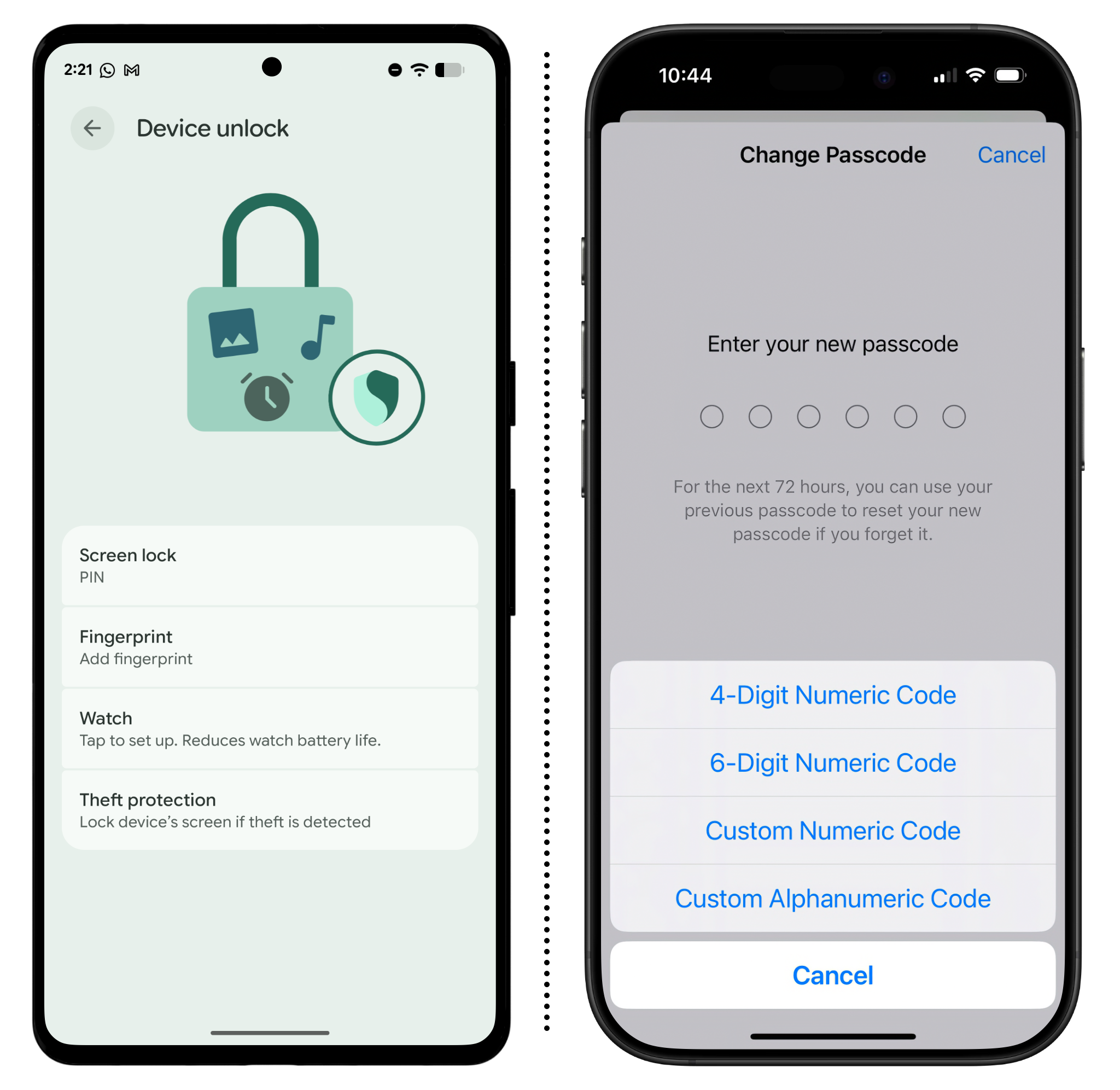 screenshot of android and iphone device unlock screens