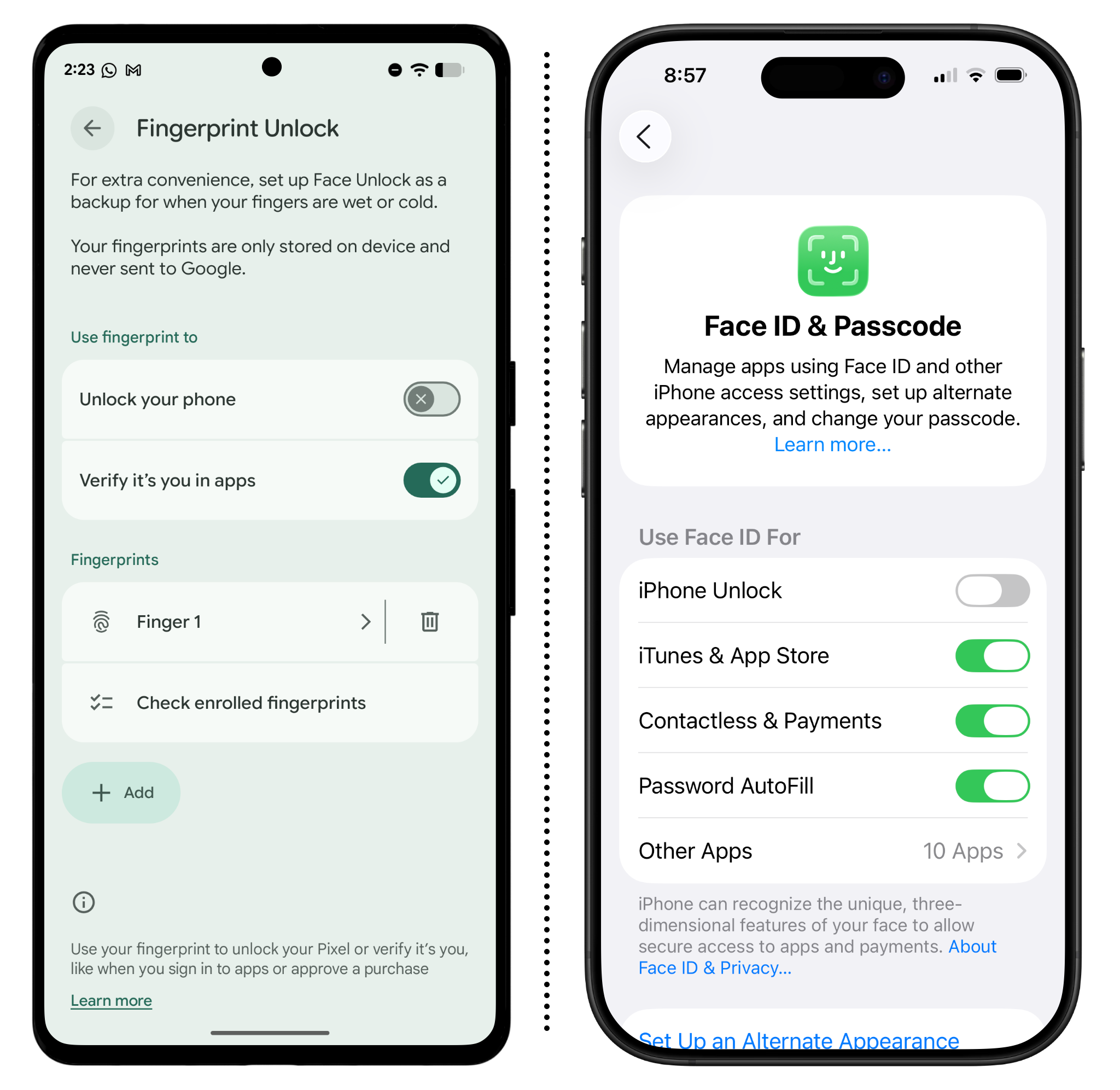 android and iphone screenshots of phone unlock settings