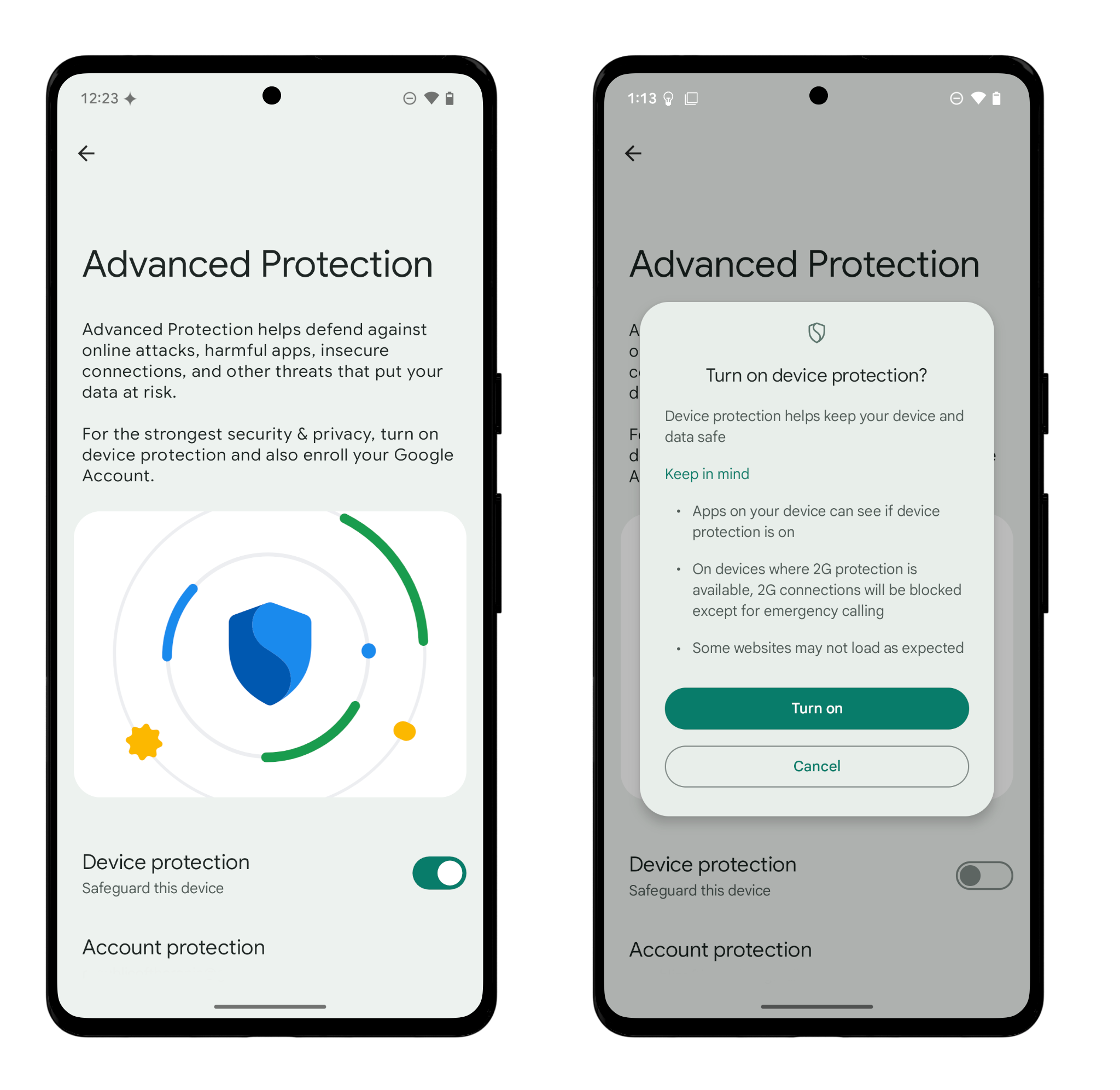 screenshot of android advanced protection screens