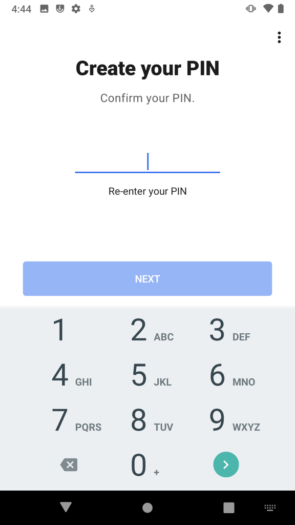 "Confirm pin" screen