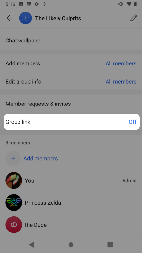 Group chat settings with "group link" circled