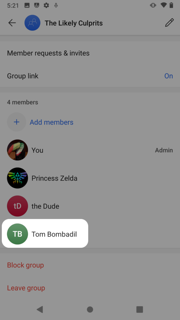 Group chat settings with a member circled
