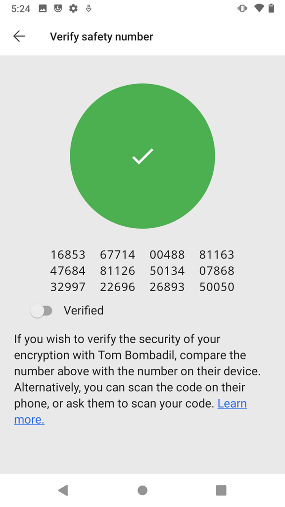   Safety number with green check mark