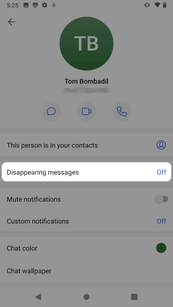 Conversation settings with "disappearing messages" circled