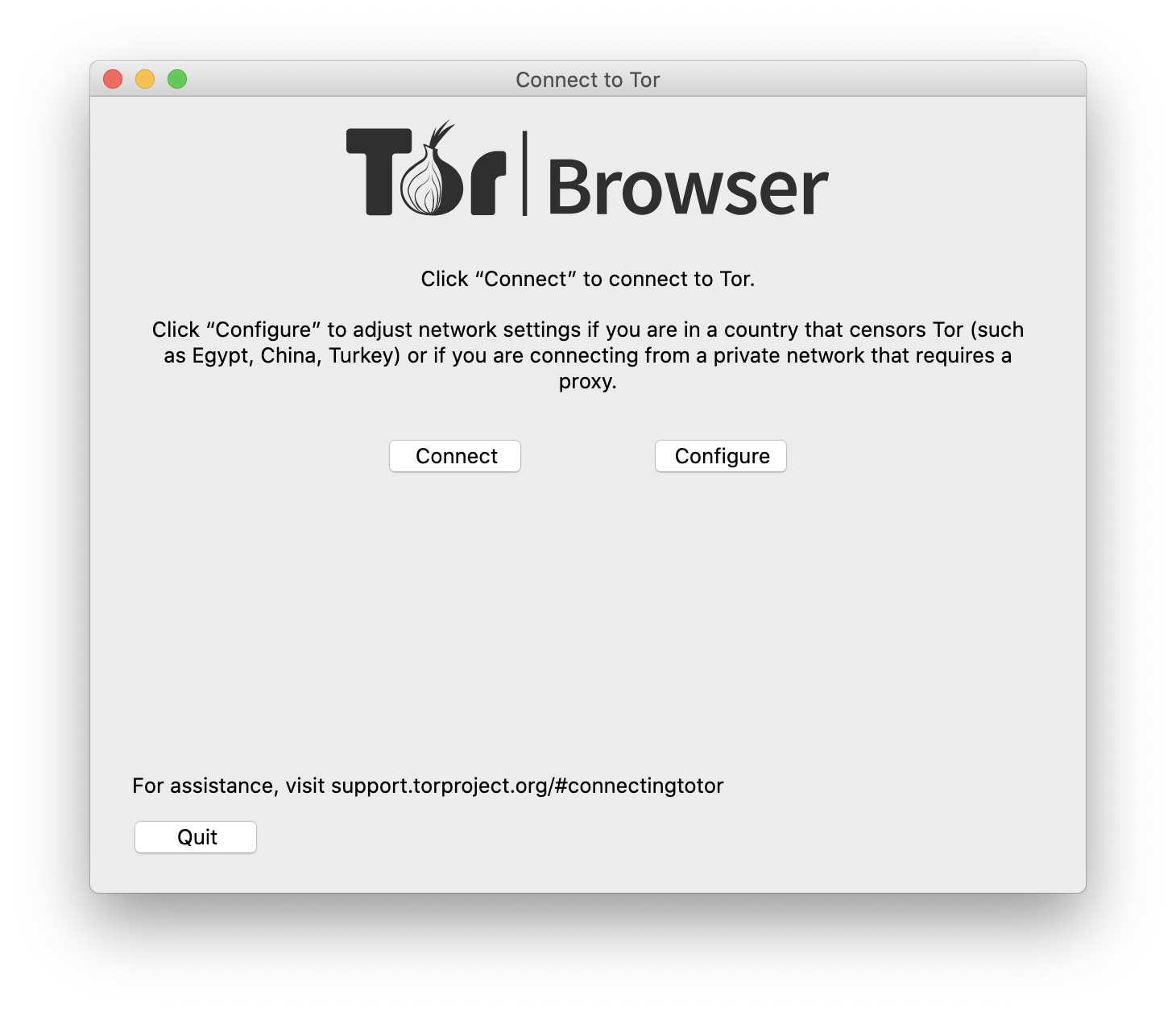 A screen capture of Tor's Network Settings page, which offers users extra choices via a "Configure" button if their Internet connection is censored or proxied.