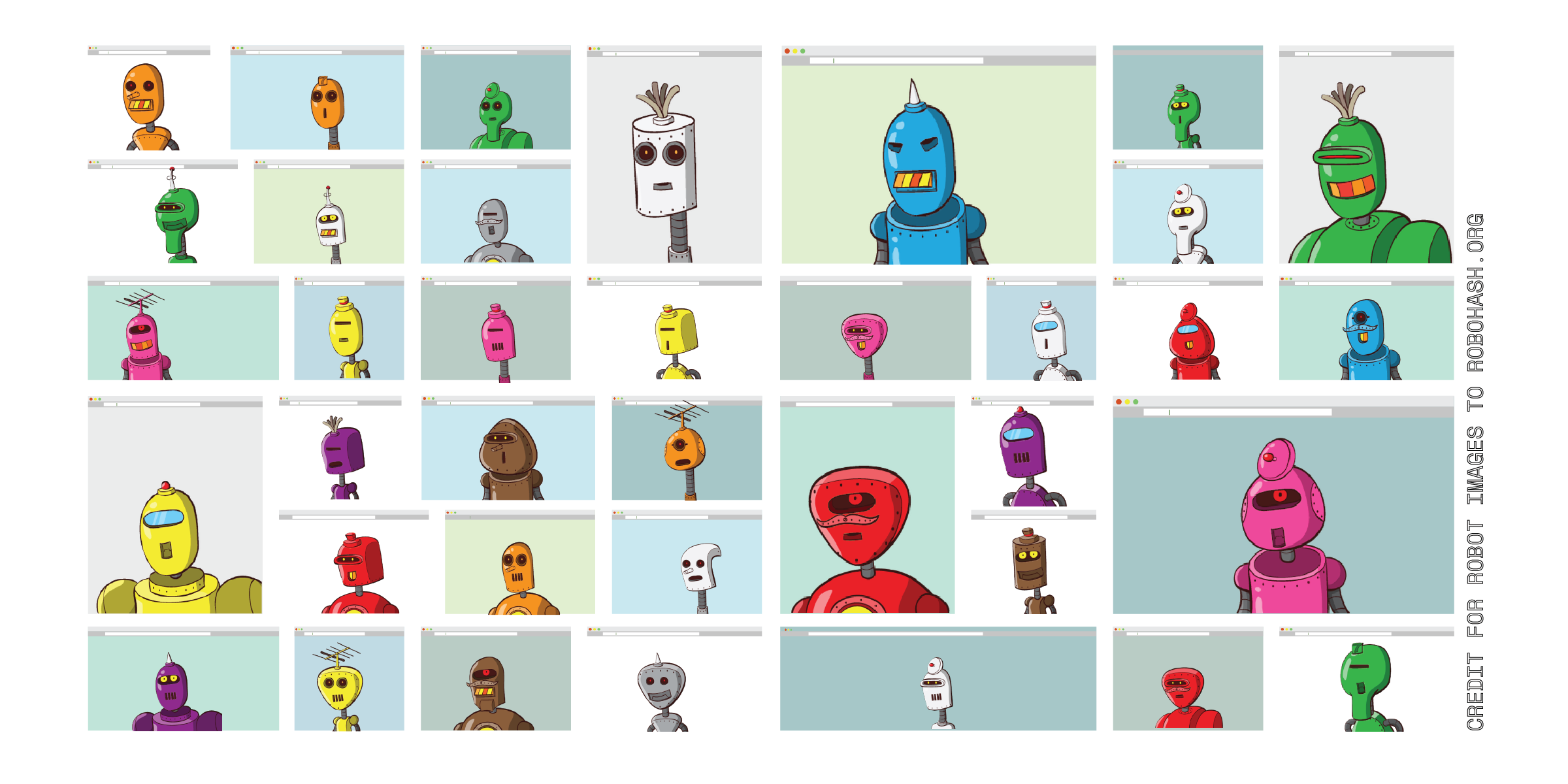 A grid of many different browser types with unique robots in each one.