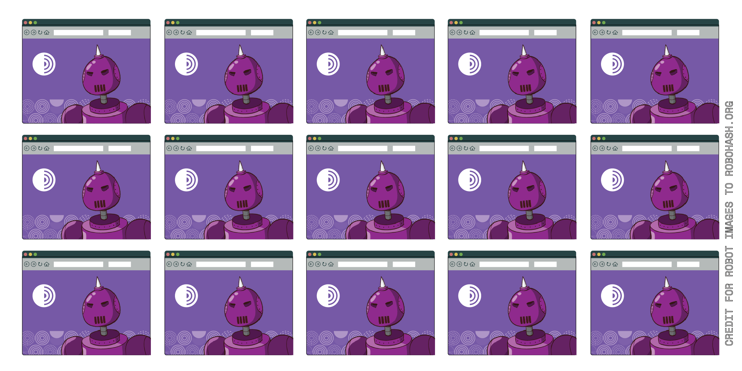 A three by five grid of Tor Browsers with purple robots that all look the same.